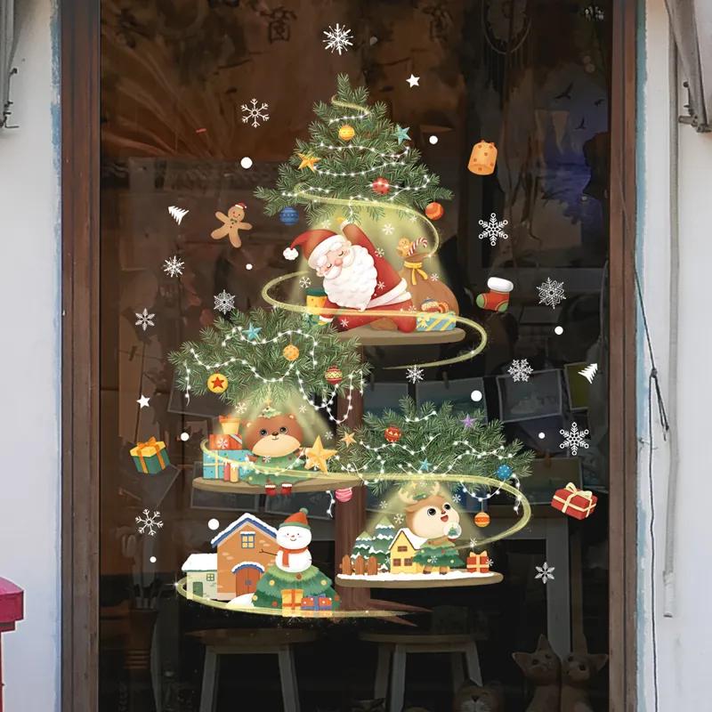 Christmas Window Stickers, Santa Claus Christmas Tree Cartoon Glass Decals, Merry Christmas Holiday Decorations.