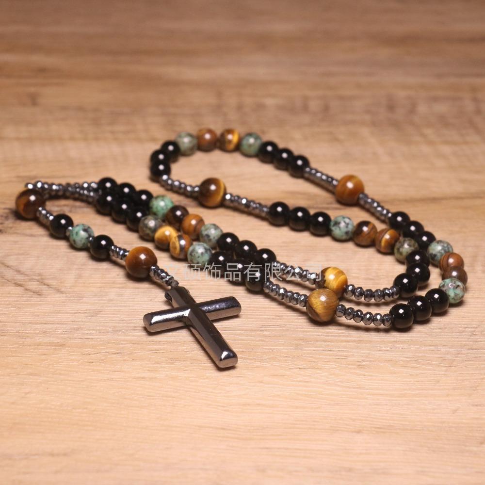 Collier pendentif croix en pierre naturelle, Croix en pierre d'œil de tigre et fer à bille chapelet collier pour homme