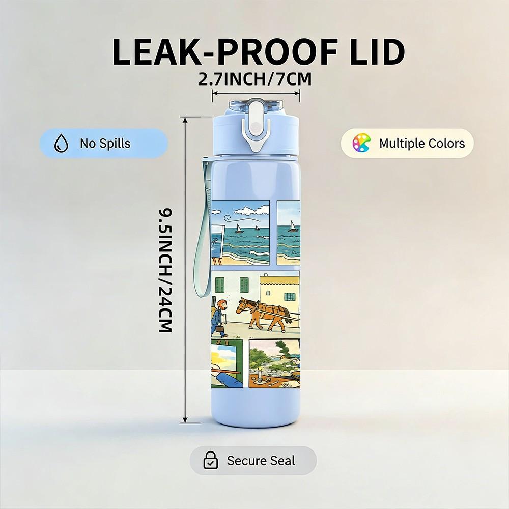 1PC Colorful Village Landscape 750ml Color Plastic Sports Water Bottle Leakproof Flip Straw Lid Suitable for Sports Office Home Use