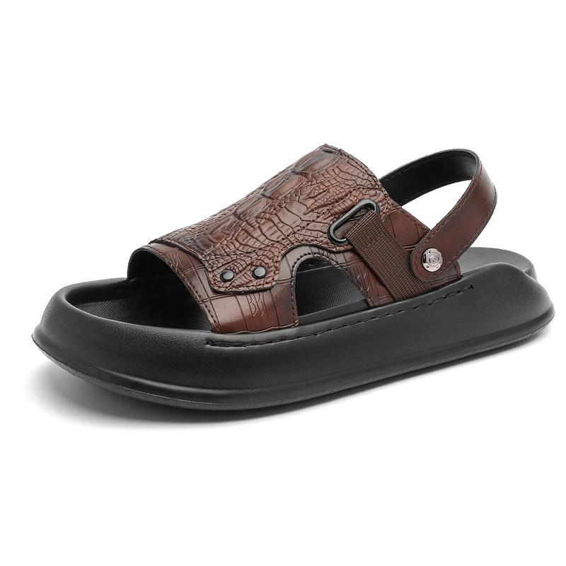 Fashion Stylish Mens Casual Leather Slippers Slip on Flats S  Fashion Beach Sandals Open-toe Outdoor Half Drag Leisure Walk Male Slides