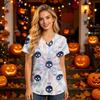 Damen V-Ausschnitt Kurzarm Kasack mit Taschen Halloween-Print Pflegekraft Uniform