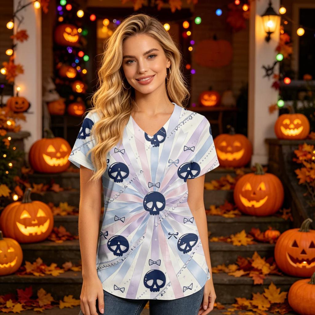 Damen V-Ausschnitt Kurzarm Kasack mit Taschen Halloween-Print Pflegekraft Uniform