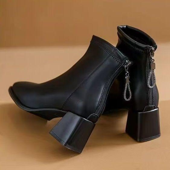 French Soft Leather Small Short Boots Fleece and Ankle Boots Women's 2025 Autumn and Winter New Thick Heel Martin Boots Thin Boots