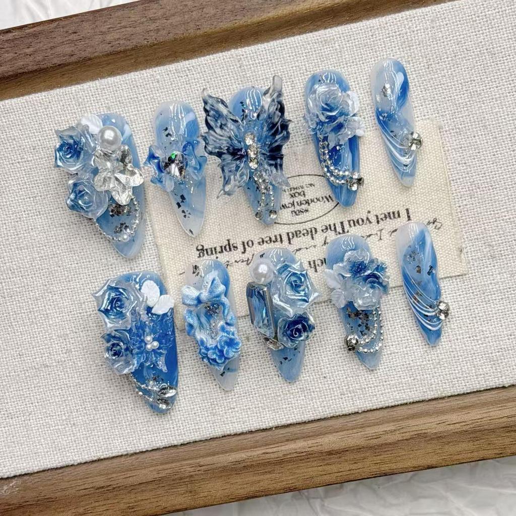 Blue Gradient Butterfly Medium Pointed False Nail Tips