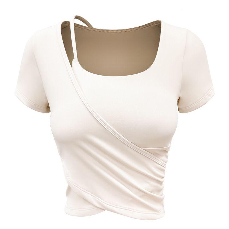 

Foreign Trade Fixed Cup Yoga Clothes Women Summer Cross Short sleeve T-shirt Sports Outdoor High Elastic Slimming Workout Clothes Top Vanilla White Short Sleeve XL