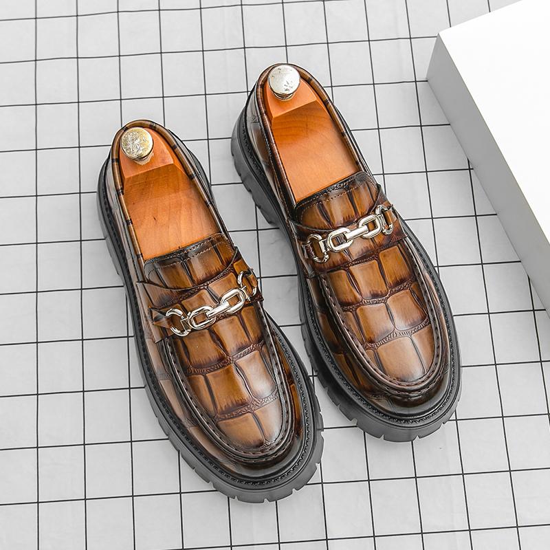 Fashion Retro Brand Men's Crocodile Leather Comfortable Thick Soled Derby Shoes Spring Men's Retro Lace Up Business Casual Leather Shoes