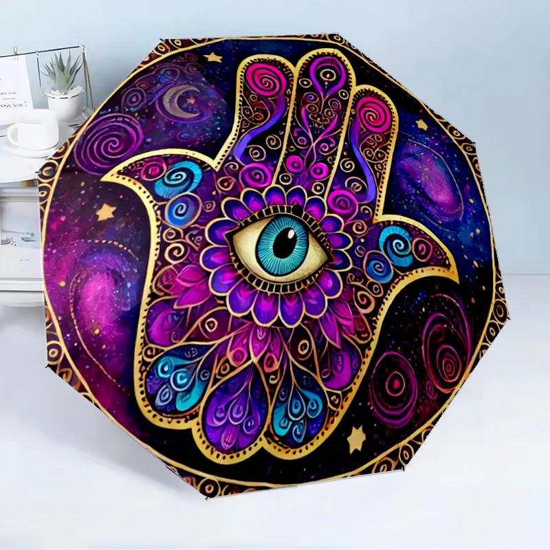 Golden Hamsa Hand Design 8-Frame for Travel, Camping, Casual Lightweight Portable Umbrella, Essential for Every Family Holidays Birthday Gift