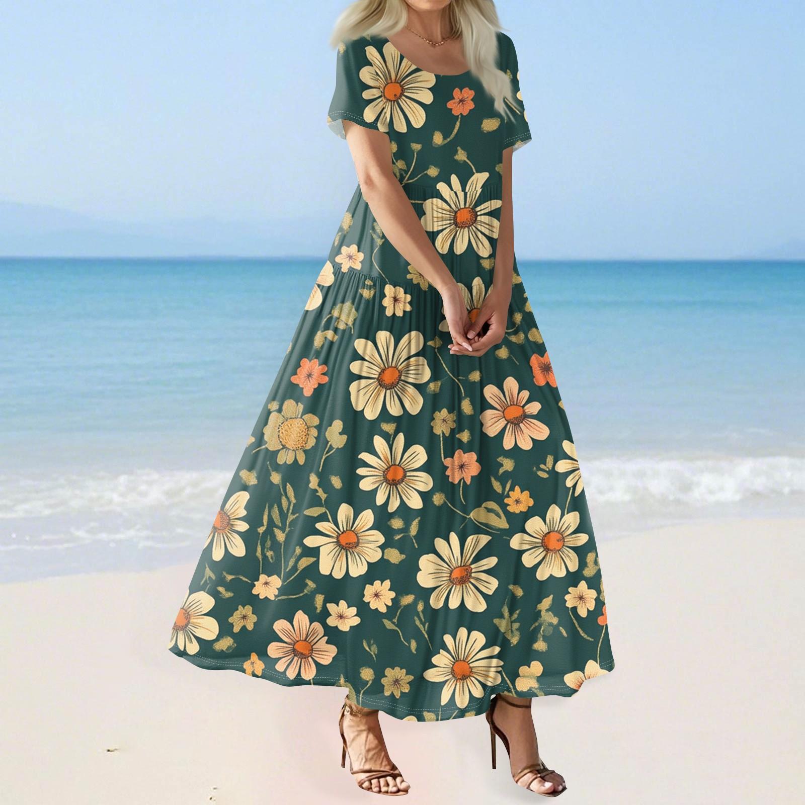 

Женское летнее повседневное платье макси с цветочным принтом, короткими рукавами, круглым вырезом, высокой талией, многослойным струящимся бохо-платьем XL