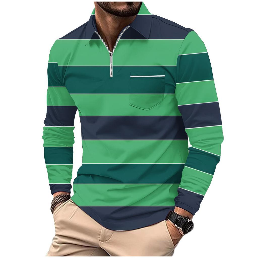 Fashion Polo Shirt Men's Printed Long Sleeve Zip Pocket Sports Polo Shirt Men's Striped Sweatshirt