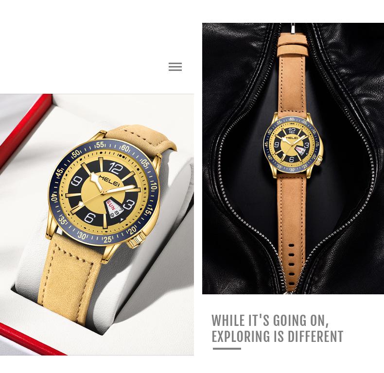 HELEI Men's Luminous Quartz Watch: Waterproof with Genuine Leather Band.