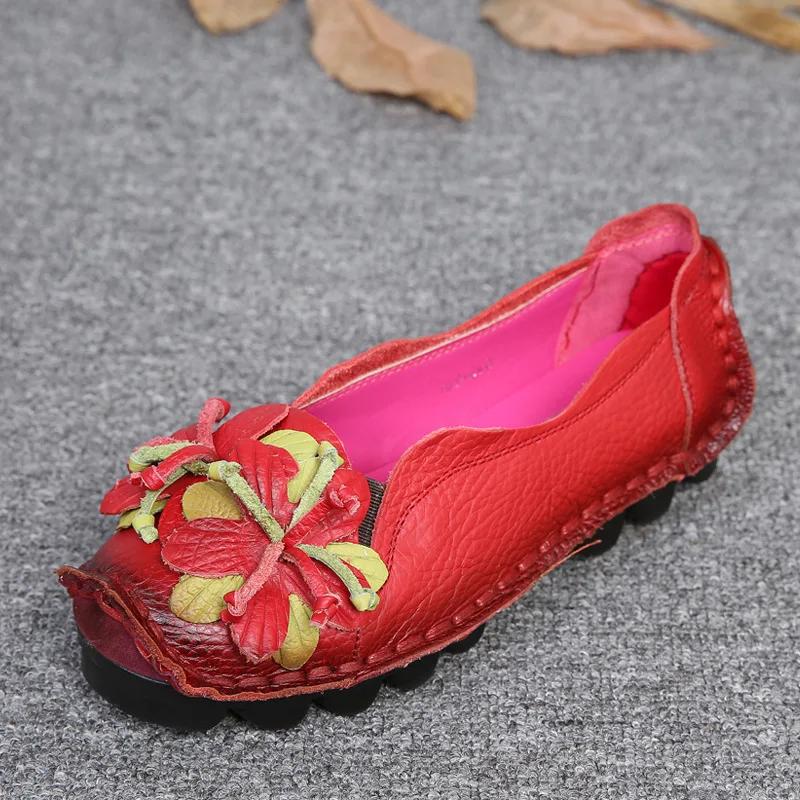2025 Summer Genuine Leather Flats Women Soft Slip-On Flat Shoes Black Red Floral Mom Loafers Moccasin Lady Designer Shoes