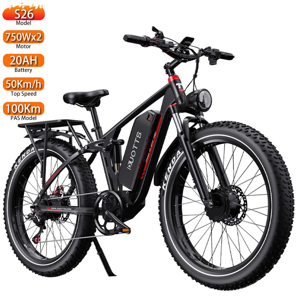 Vélo Électrique DUOTTS S26 26" Pneus Larges Moteur 750Wx2 Entièrement Suspendu Vélo Électrique Adulte 48V 20AH Écran LCD Charge Max 150Kg