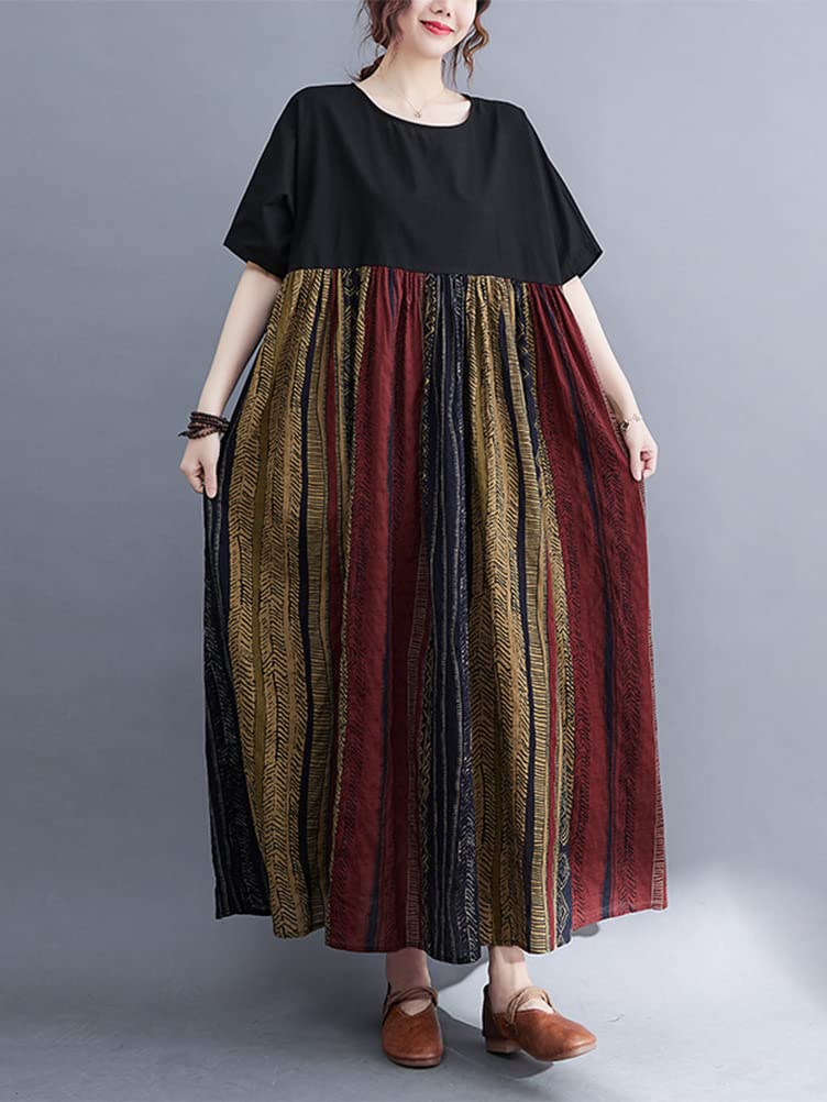 Minesam Summer Floral Print Short Sleeves Free Women's Dress, Two-Tone Design, Oversized, (01 Coffee, Size)