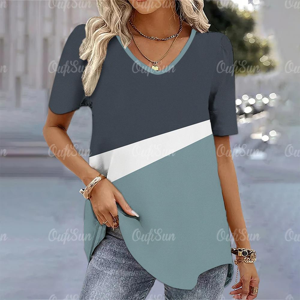 Women's T-shirt Simple Fashion V-neck Short Sleeve Stripe Print T Shirt For Ladies Harajuku Loose Clothing Female Pullover Tops