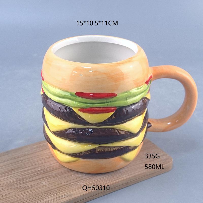 Hamburger water cup without lid, cute and cute breakfast cup, large-capacity ceramic hamburger cup, mug. 501-600ml