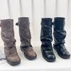 Old Stacking Boots Thick Heel Thick Bottom Elastic Soft Leather Boots Stacking Boots Belt Buckle Decorative Wasteland Wind