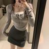 Sweet & Spicy Pink Ribbed Square Neck Long Sleeve Slim Fit Women's T-Shirt