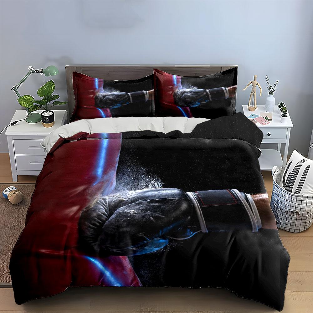 3Pcs Boxing Punching Bag Bedding Set, Black Glove Hitting Red Sandbag Print Duvet Cover + 2 Pillowcases, Sports Design For Boys