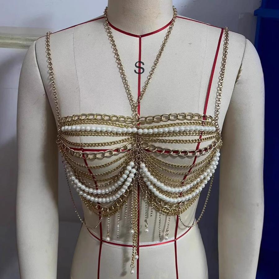 Fashion Shining Chest Chain Skirt Two Piece Set Nightclub Beach Bikini Body Chain Jewelry Accessories