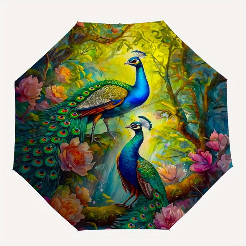 1pc Two Peacocks in Flowers Cartoon Umbrella, Portable 3-Fold Compact Umbrella, Suitable for Camping, Hiking and Travel, Ideal Easter Birthday Gi