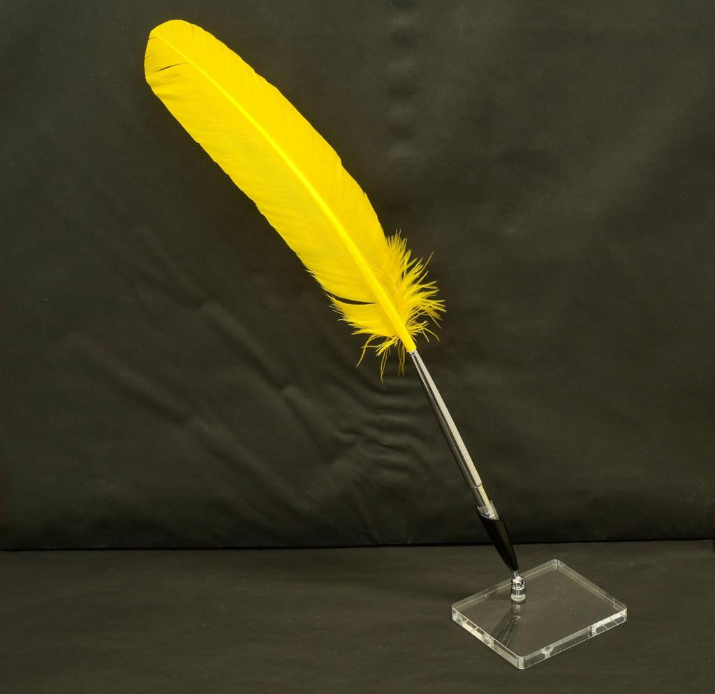 2 Set Pack Japanese Processed Turkey Feather Brass Disc Pen Transparent Acrylic Pen Stand with Black Pen Holder Yellow Feather + Q-S5P2WT-2-Y