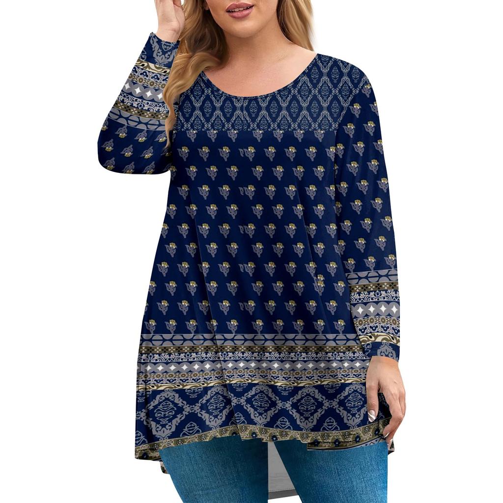 Women's Plus Size Top, Garden Collar Long Sleeved Shirt, Fashionable Floral Print Casual Top