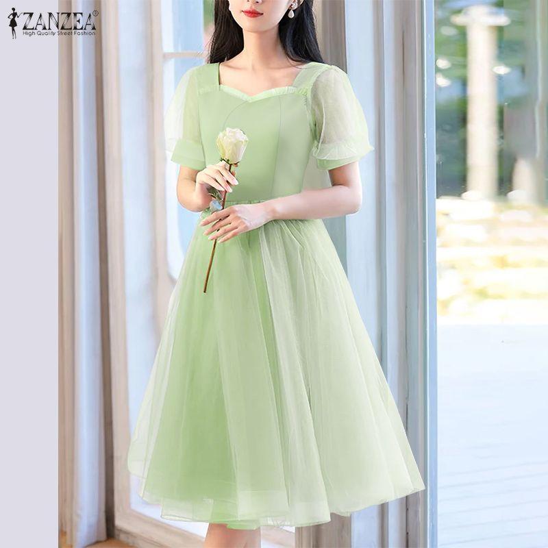 ZANZEA Womens Summer Casual Mesh Splice Short Sleeve Elegant Dress