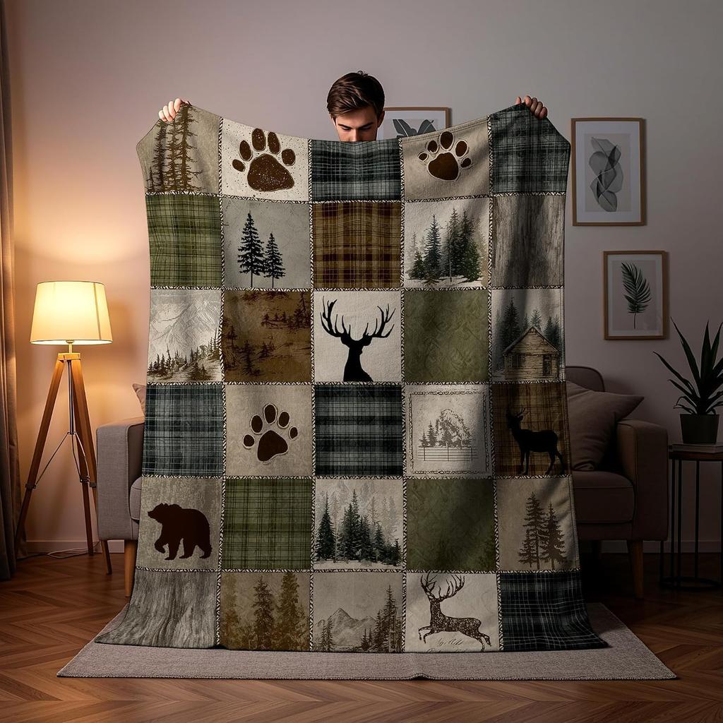 Rustic Forest Patchwork Flannel Throw Blanket Deer Bear Pine Tree Plaid Paw Print Cabin Decor Blanket