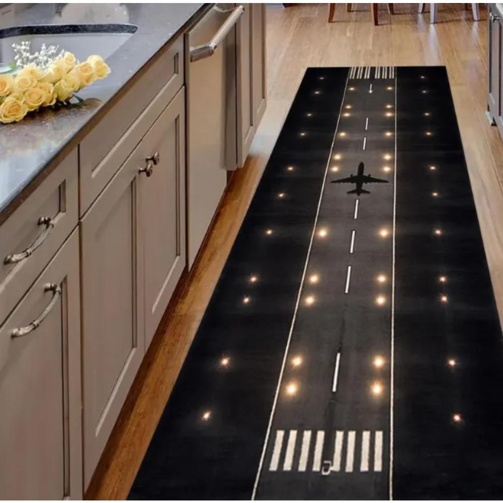 Airplane Runway Runner Rug Cotton Base 3D Print Airplane Runway Rug Black Gold Jet Carpet ModernLiving Room Home Kitchen Decor
