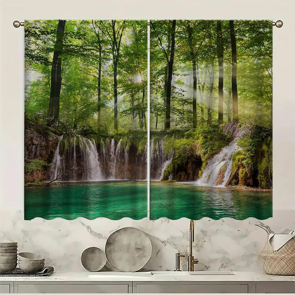 2PC Home Shulin Waterfall Curtains With Landscape Background And Pole Pocket Curtains, Kitchen, Coffee Shop, Living Room, Bacony