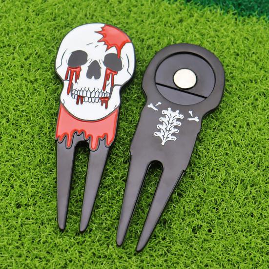 Skull Golf Divot Repair Tool Zinc Alloy Magnetic Ball Marker Holder Metal Green Fork Tool Golf Accessories Men Women Golfer Enthusiasts Gift