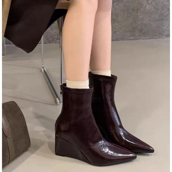 Fashion High Heel Boots Rear Zipper Elastic College Temperament Short Boots Pointed Skinny Boots Black Wedge Heel