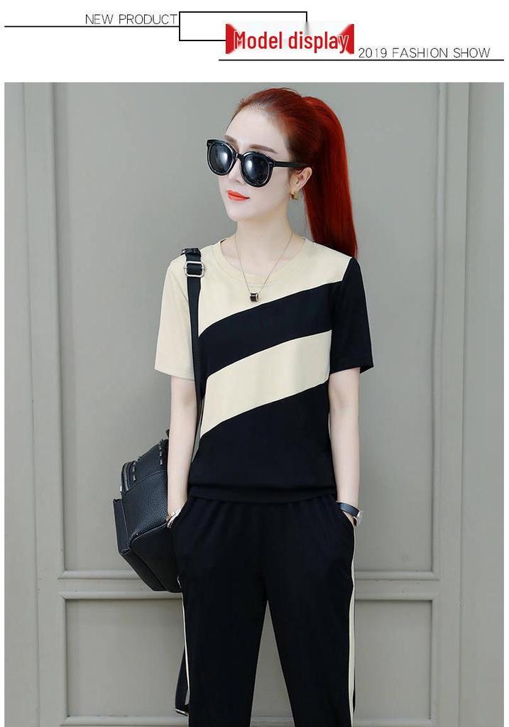 2026 Summer Women's Plus Size Korean Style Color Block Two-Piece Set: Short Sleeve T-shirt & Long Pants