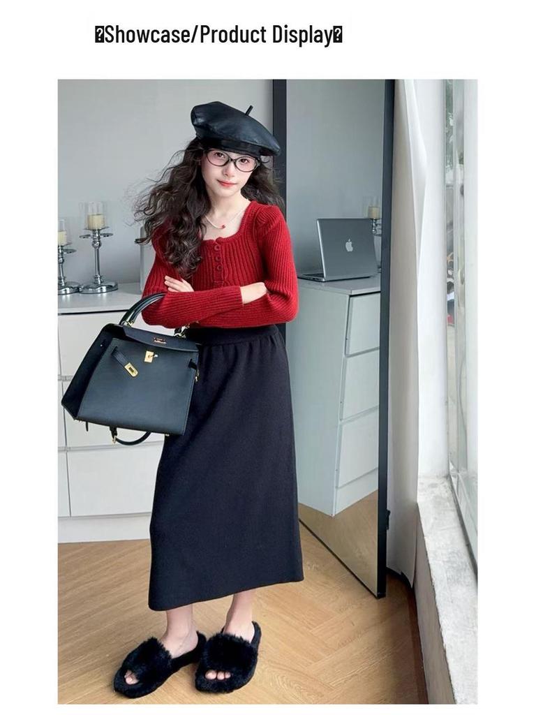 Mädchen Pullover mit Puffärmeln & Rock Set - 2025 Trendige Herbst/Winter Mode für Große Kinder