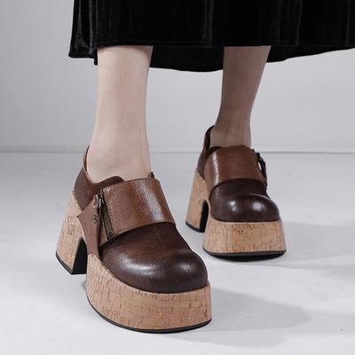 Retro Genuine Leather Thick Heels Pumps Round Toe Versatile Fashion Women's Platform Shoes