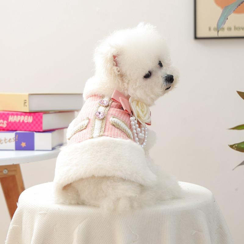 Dog Fragrance Coat Pet Clothes Autumn Winter Velvet Thickened Warm Vest ForDog Cat Pink Fragrant Flower Pearl Sleeveless Clothes