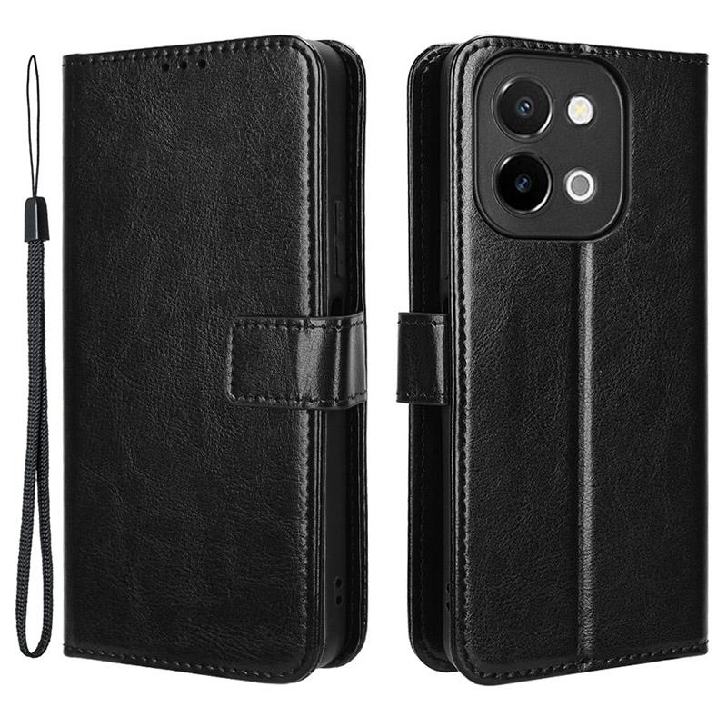 

For vivo Y28 4G Phone Stand Case Crazy Horse Texture PU Leather Phone Cover Shell Black