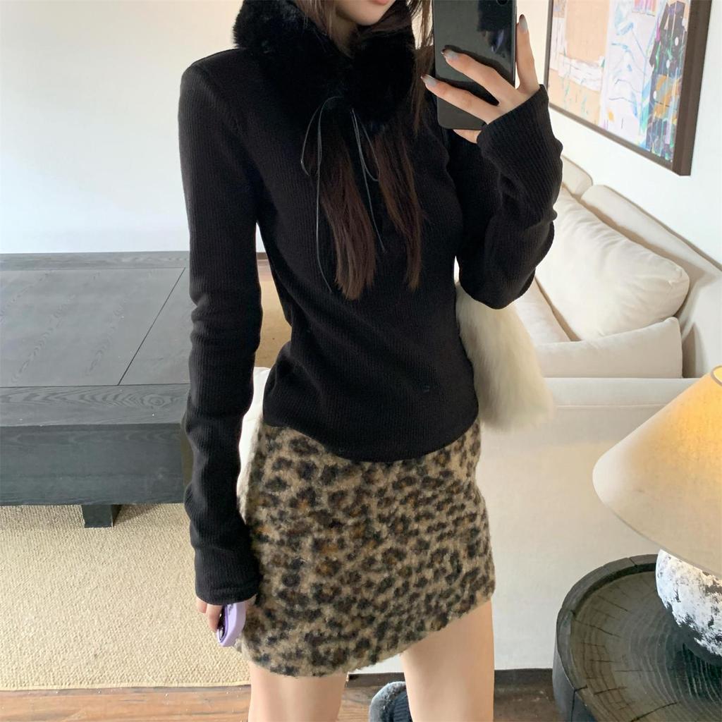 2026 Retro Leopard Print Woolen High Waist Skirt for Plus Size Women – Loose Fit, Chic Temperament