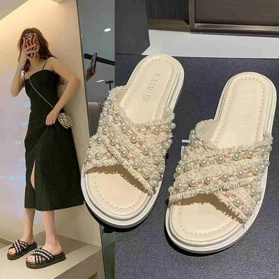 Fashion Small Fragrant Pearl Slippers Women Wear Fashionable Platform Cross Flip-flops Beach Sandals In Summer