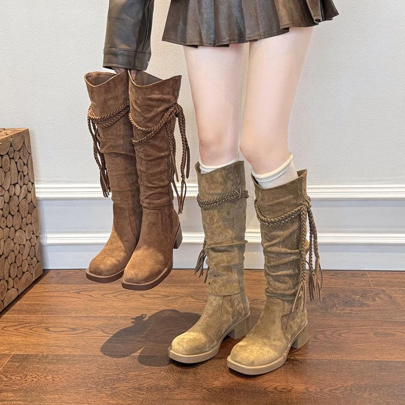 Coarse Heel Fringed Boots Maillard Boots Children's New Spring and Autumn Western Cowboy Stack Boots Tall Knight Boots