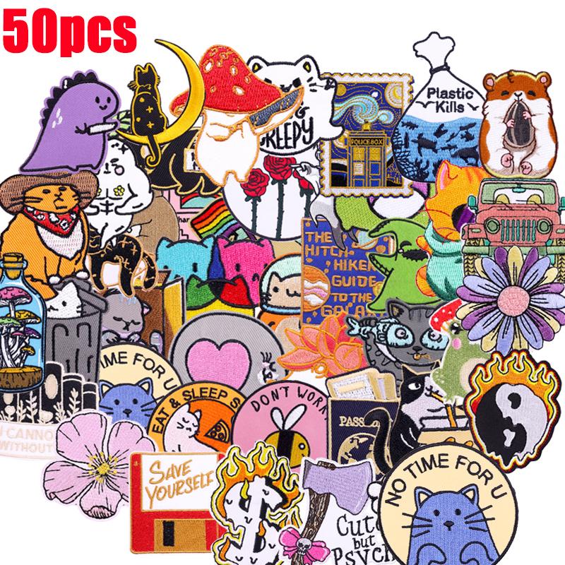 10 /20 /30 /40 /50pcs Random Mixed Cartoon Embroidery Patches On Jackets Diy Animal /Mushroom Iron On Patches For Clothing Sew Stick