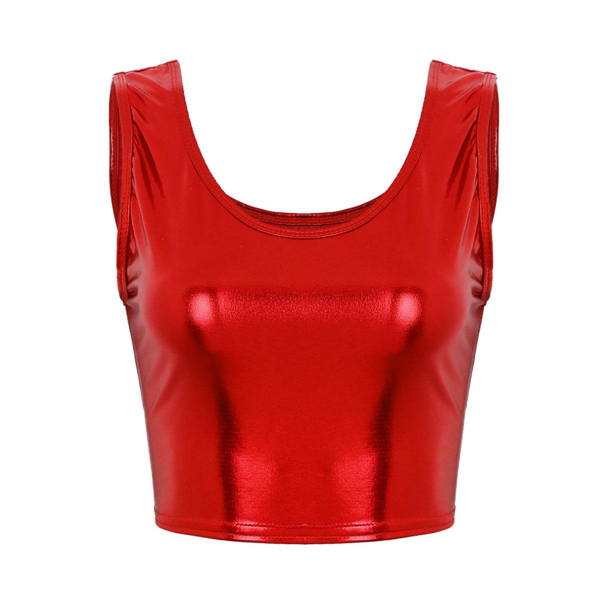 

Жіночий блискучий металевий укорочений топ без рукавів Rave Party Танцювальна футболка Блуза Жилет Клубний одяг One Size червоний