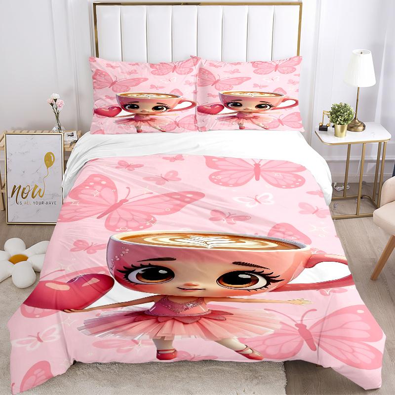 3pcs Pink Butterfly Latte Art Heart Home Decor Bedding Set-Universal Three-Piece Suit for Bedroom, Guest Room, Living Room, Hotel-Perfect Gi