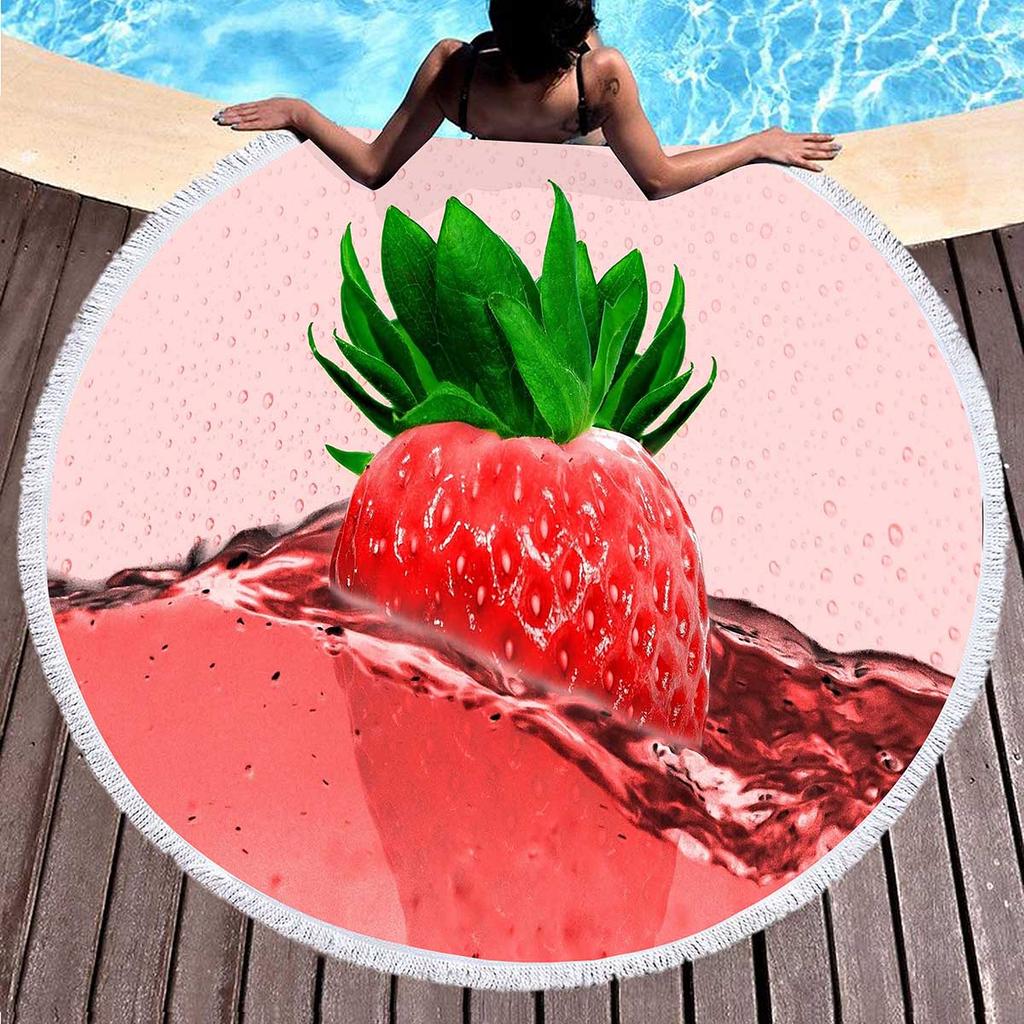 Sweet Cartoon Strawberry Round Beach Towel,Polyester Sand Resistant Beach Blanket,Soft Absorbent Quick Dry Pool Towel Picnic Mat