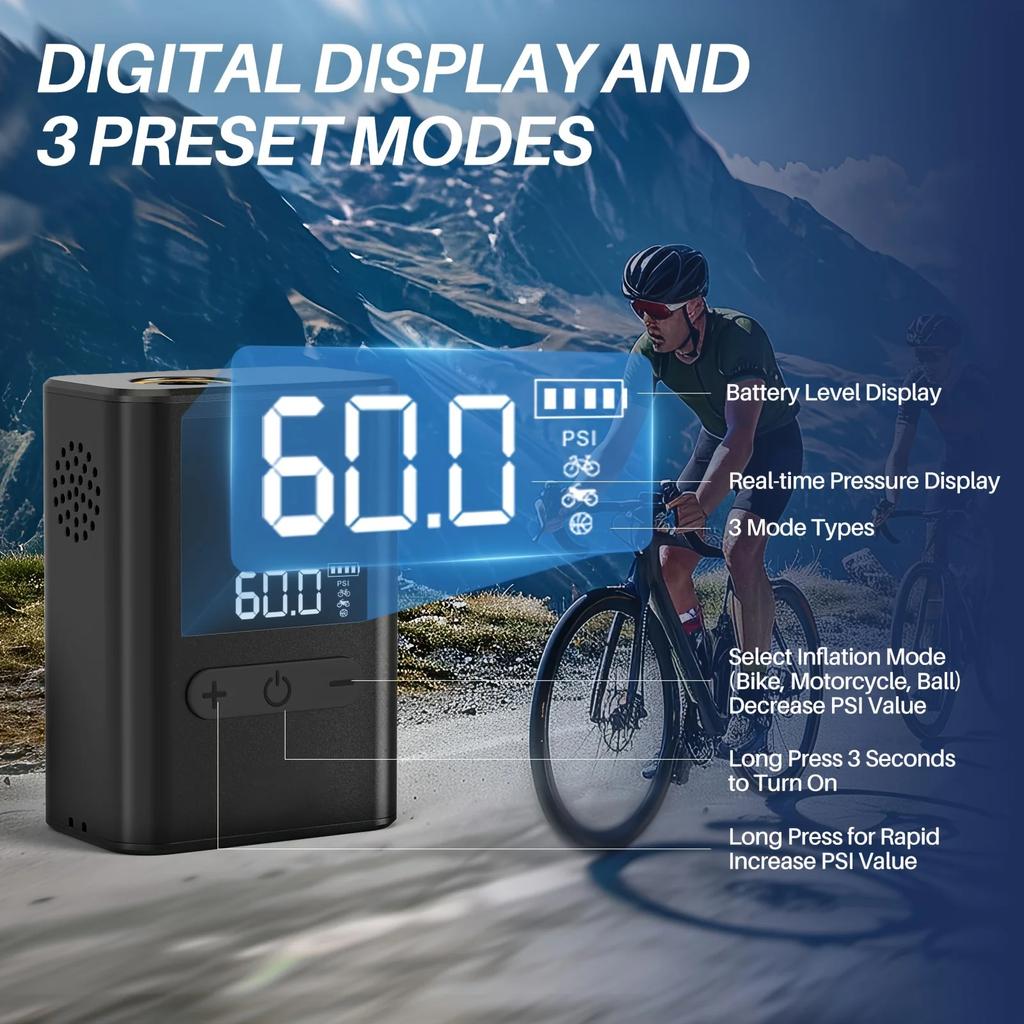 120PSI Portable Pocket Bike Electric Air Pump Rechargeable Compressor Tire Inflator Digital Gauge Display Tire Pressure Gauge