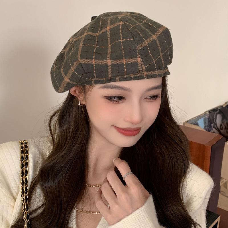 British Retro Plaid Beret New Casual Painter Hat Women'S Simple Woolen Bud Hat Tide
