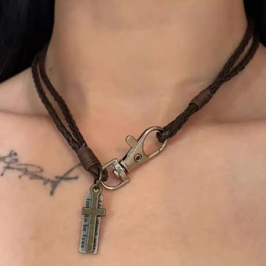 Vintage Square Cross Leather Rope Necklace for Men Double-layer Choker Collarbone Chain Harajuku Style Pendant Neckchain Zircon