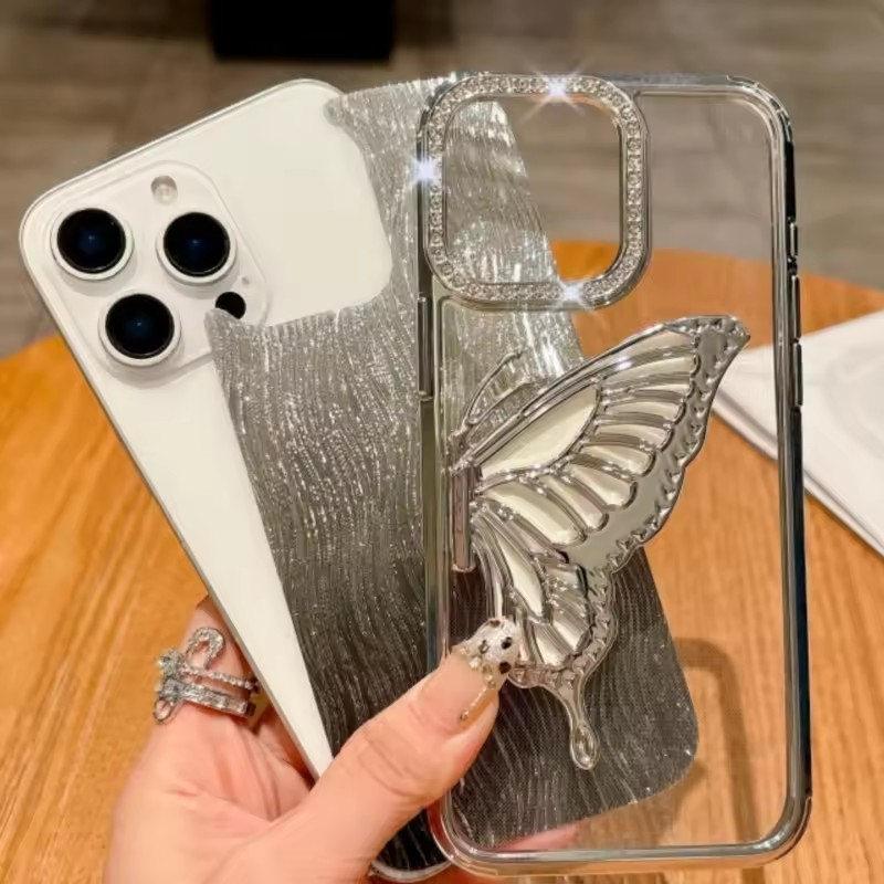 Luxury Bling Butterfly Bracket Transparent Case For iPhone 16 Plus 15 14 13 12 Pro Max 11 Plating Shiny Gradient Diamond Cover