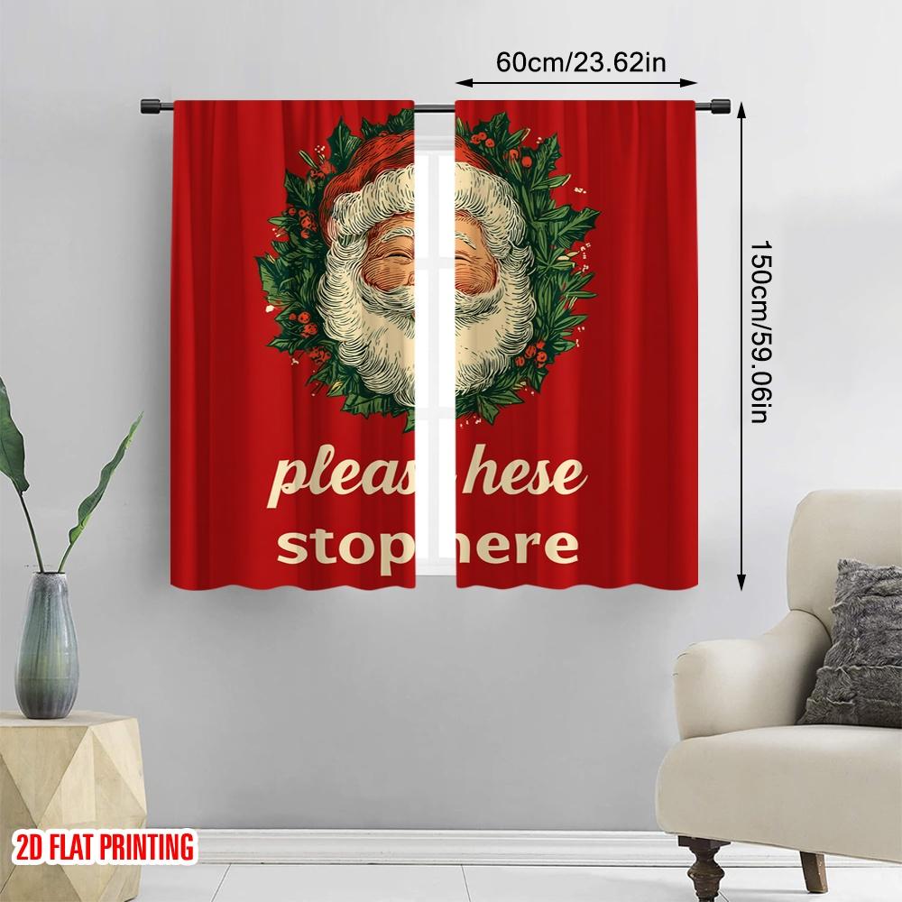 2pcs,2D Plane Printing Curtains Santa Please Stop Here Versatile Fabric (without Rod) Holiday Use for Bedroom, Living Room