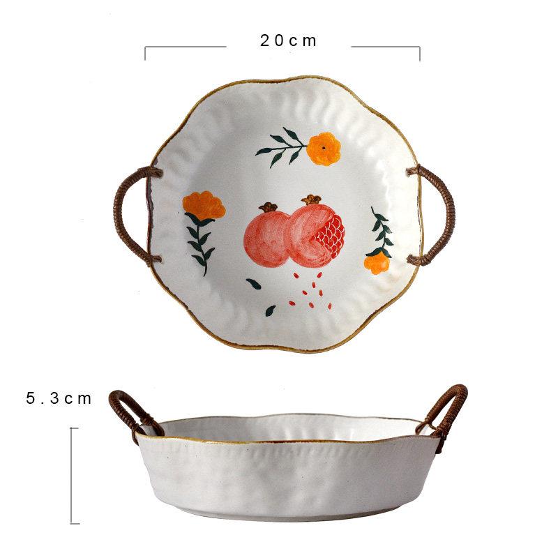 

BEPAN 1PC Rattan Handle Fruit Basket Hand-painted Japanese Design Retro Binaural Anti-scalding Handle Fruit Plate Tableware 20x20x5.3cm